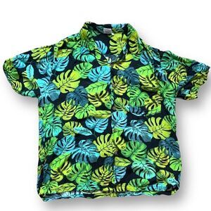 Vintage 90s Rayon Green Blue Tropical Palm Printed Hawaiian Button Down Top XL